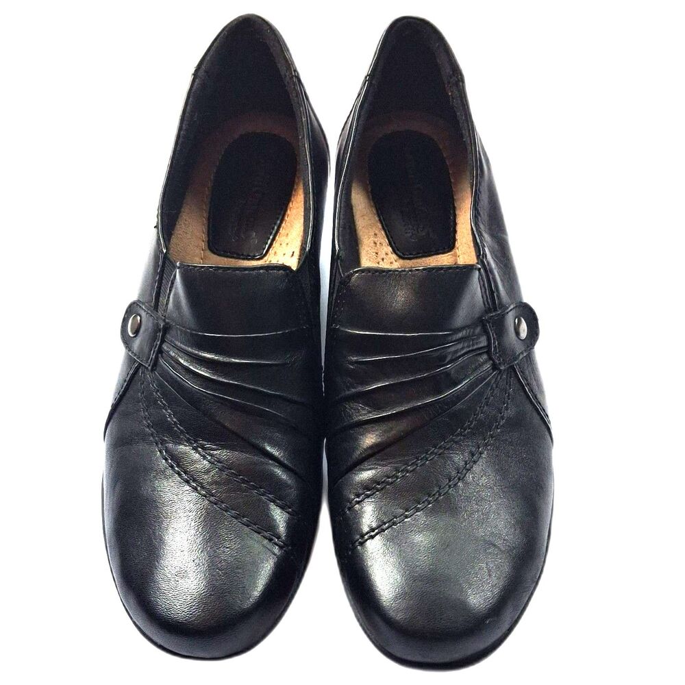 Earth Origins Rochester Black Leather Pleated Slip On Wedge Shoe 9.5M Whimsigoth